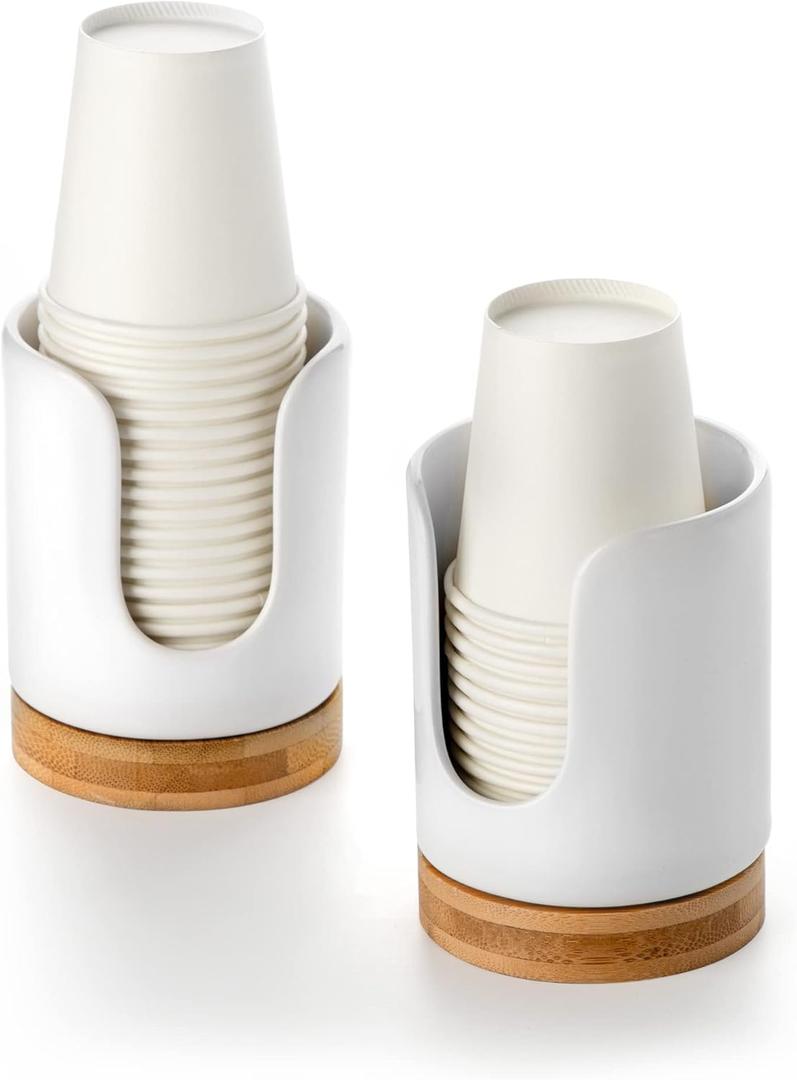 Ceramic Bathroom Cups Dispenser - 3 oz Disposable Paper & Plastic Bathroom Cups Holder - Mouthwash Cups Dispenser for Bathroom, Guest Toiletries, Countertop, Coffee - BPA Free (2 Pack) (White)