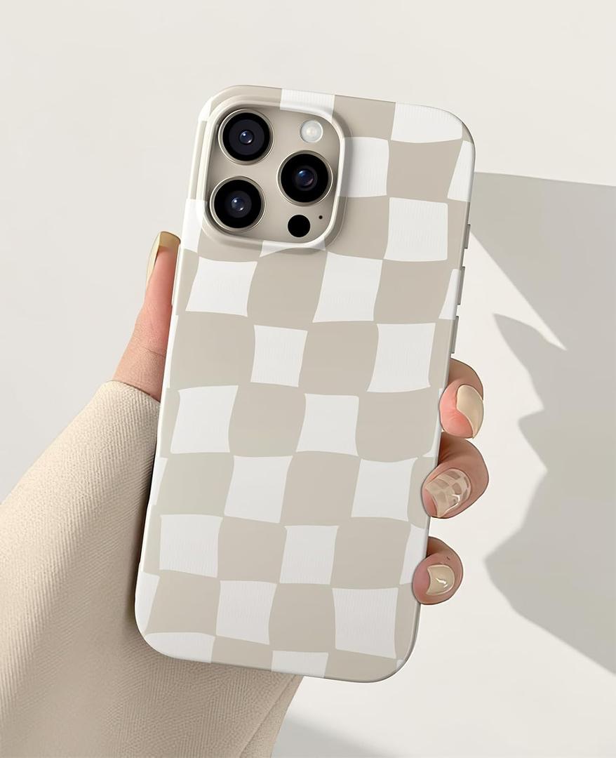 for iPhone 14 Pro Case 6.1 Inch, Trendy Checkered Aesthetic Cute Girly Design for Women & Girls, Checkerboard Pattern Phone Case, Slim Fit Silicone Protective Cover, Beige and White