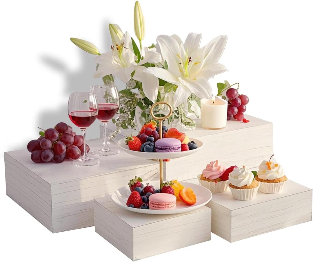 4 Pcs Buffet Risers, Wood Food Riser Dessert Display Stand for Party Wood Cupcake Stands Nesting Box for Display (Vinatge) (Vintage White)