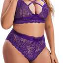 Aranmei Plus Size Lingerie Set for Women High Waisted Bra and Panty Set Sexy Criss-cross Lace Bralette Sets 2 Piece Underwear (L)