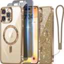 5 x Meifigno for iPhone 16 Pro Max Case with 2X Privacy Screen Protectors, [Glitter Card & Wrist Strap][Compatible with MagSafe] Surround Lens Protection Designed for 16 ProMax Case 6.9", Desert Titanium