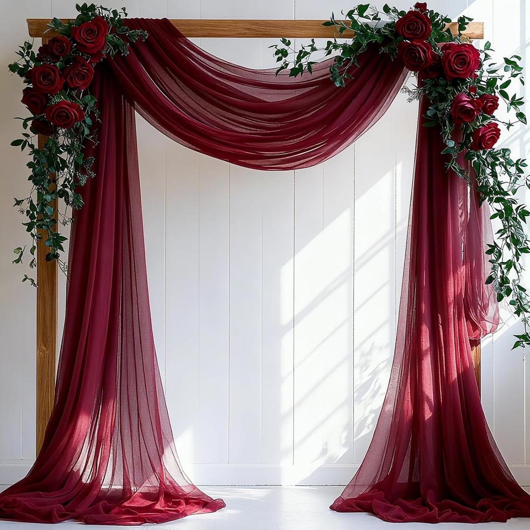Wedding Arch Draping Fabric, 31.5" x 20FT Wrinkle-Free Sheer Chiffon Drapery for Ceremony Backdrop, Arbor, Pergola, Church Cross, Photo Booth, Baby Shower & Home Decor, 1-Pack, Burgundy