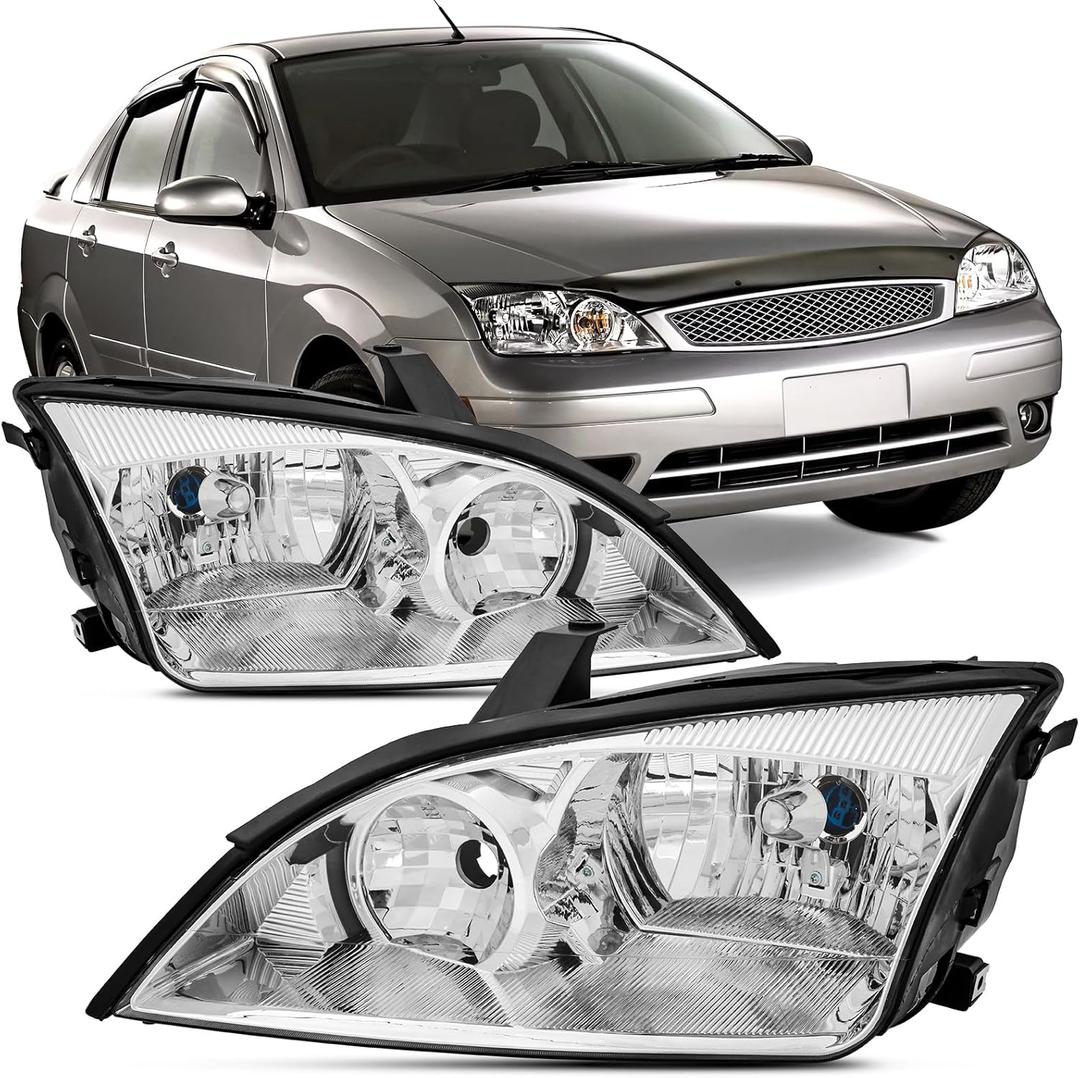 Headlights Assembly Compatible With 2005 2006 2007 Ford Focus Replacement Headlamp, Driver and Passenger Side,Pair Chrome 05-07 Focus Head Light