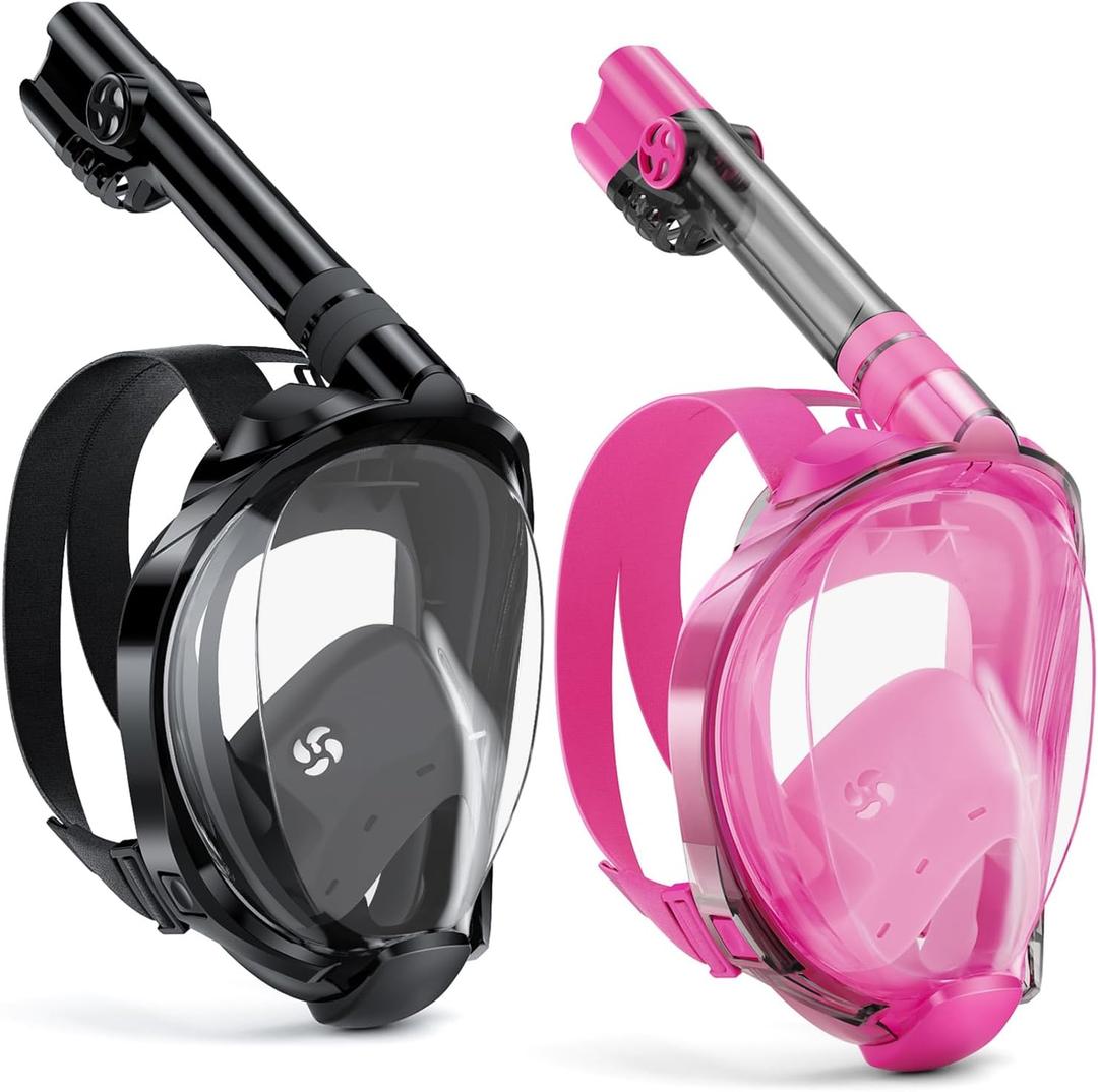 WSTOO Full Face Snorkel Mask, Dry Top Snorkeling Gear for Adults, 180 Panoramic Foldable Design with Camera Mount, Safe Mouth/Nose Breathing, Anti-Fog & Anti-Leak (Small-Medium, 2 Pack - All Black+Transparent/Pink)