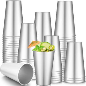 Jingmore 100 Pack 16 oz Disposable Plastic Cups Aluminum Party Tumbler Stackable Plastic Drinking Cups for Hot Cold Drinks Coffee Cocktail Beverage for Wedding Birthday Graduation Picnic(Silver)