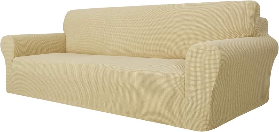 MAXIJIN Super Stretch Couch Cover for 3 Cushion Couch, 1-Piece Universal Sofa Covers Living Room Jacquard Spandex Furniture Protector Dogs Pet Friendly Fitted (Extra Large, Beige)