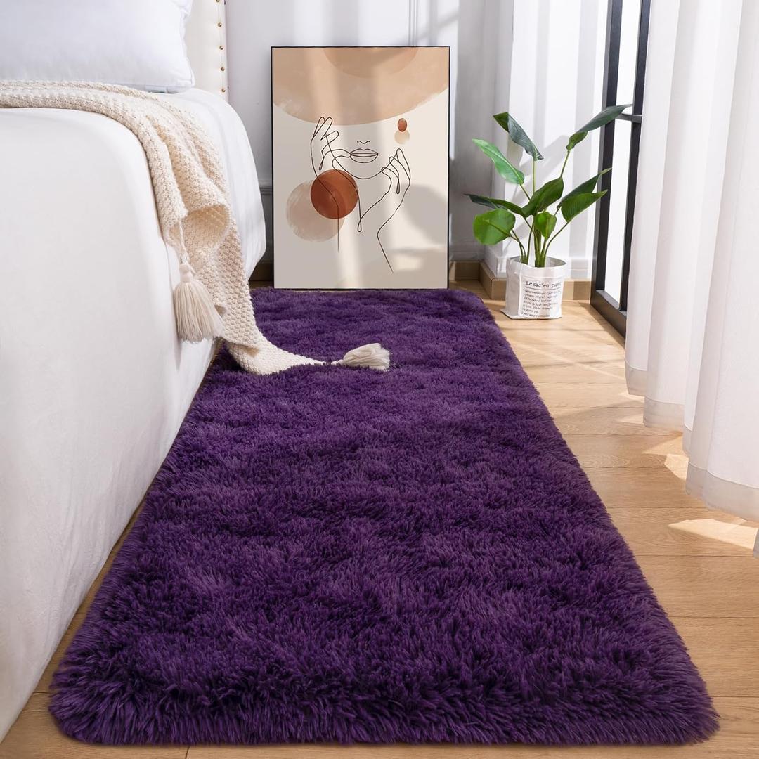 Przemy Fluffy Runner Rug for Bedroom Living Room, 2x6 Feet Dark Purple Shag Area Rugs, Soft Fuzzy Carpet for Bedside Nursery Kids Room College Dorm, Plush Throw Rug for Home Decor
