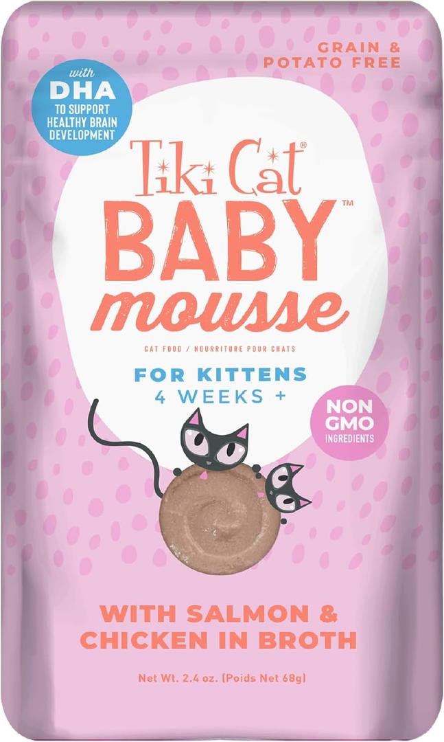 Tiki Cat Baby Mousse Wet Cat Food for Kittens, Salmon & Chicken, 2.4 oz. Pouch (12 Count) (EXP 09/01/27)