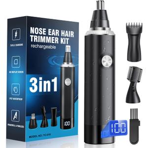 Nose Hair Trimmer for Men, 3-in-1 Professional Painless USB-C Rechargeable Eyebrow & Facial Nose Trimmer for Men Women, LED Display Trimmer with Powerful Motor and Dual-Edge Blades, IPX7 Waterproof