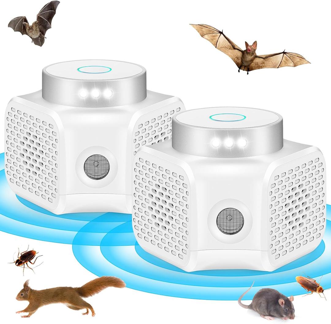 2 Pack Ultrasonic Pest Repeller 360 Indoor Rodent Repellent for Mice Rats Ants Bugs Squirrels | Electronic Plug-in Mouse Repellent with 4 Modes, Flashlights for House, Attic, Basement, Garage,White