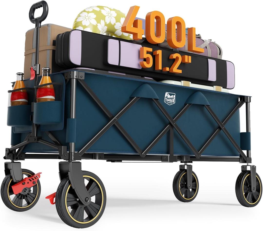 TIMBER RIDGE 51.2'' Extended Collapsible Wagon Cart with Brakes and Cargo Net, Heavy Duty Foldable Utility Wagon with Adjustable Handle, 400L Capacity Portable Cart for Camping Sports Shopping