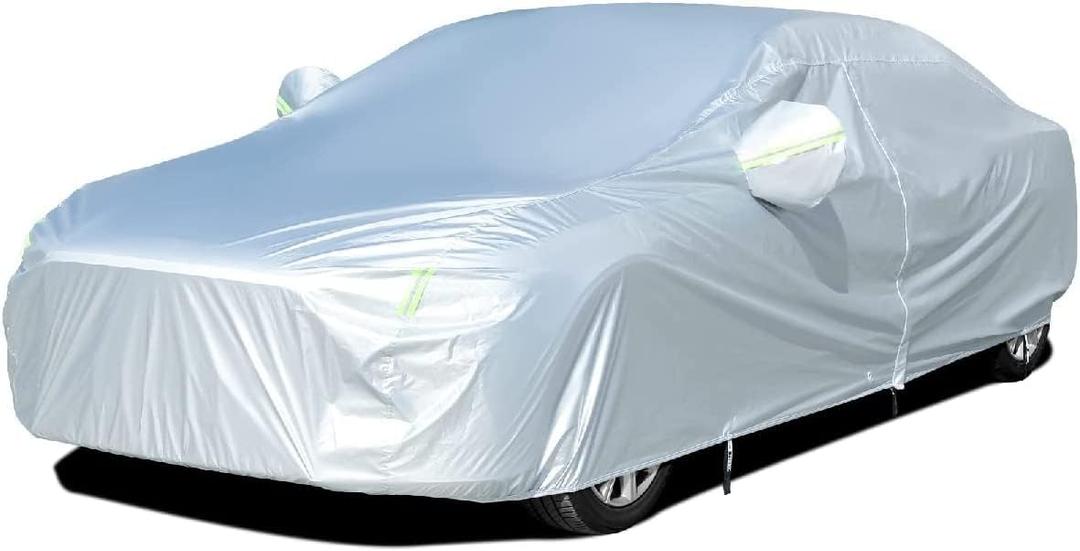 Tecoom Car Cover Waterproof All Weather for Automobiles, Light Shell Waterproof UV-Proof Windproof Design Car Cover with Zipper Storage and Lock for All Weather Indoor Outdoor Fit 191-200 Inches Sedan (Silver-Polyester)