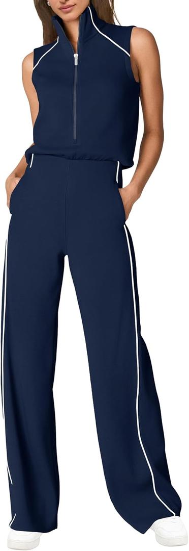 SENSERISE Womens Summer Jumpsuits Dressy Casual Sleeveless Mock Neck Top Wide Leg Pants Romper with Pockets (Medium, Navy Blue)