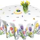KORVITA Spring Flower Round Tablecloth 60inch Tulip Floral Watercolor Butterfly Tablecloths for Farmhouse Home Rustic Living Room Indoor and Outdoor Round Tables Decorations