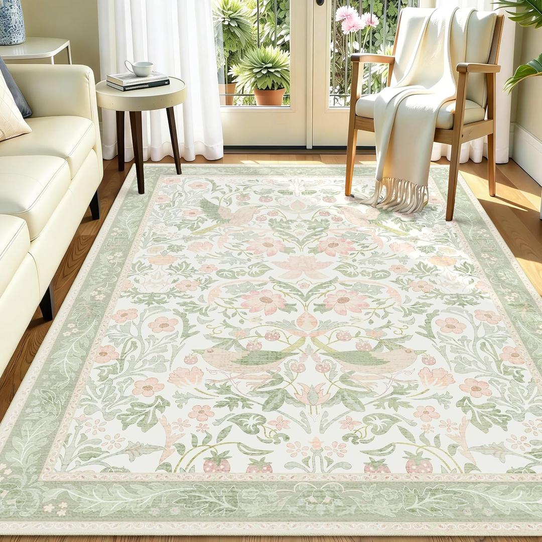 8'x10' Area Rugs Washable,Green Rug for Living Room Bedroom Dining Room,Large Boho Farmhouse Botanical Bohemian Distressed Oriental Carpet Non Slip,Sage Floral Bird