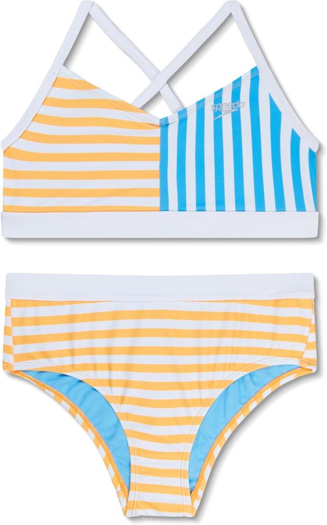 Speedo Girl's Swimsuit Two Piece Bikini Set (7, Mariner Stripe Mandarin)