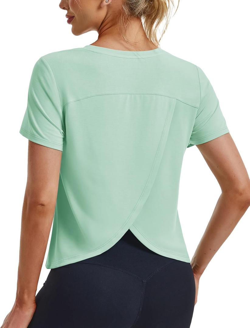 MAGCOMSEN Women's Cropped Workout Tops Short Sleeve Split Back Quick Dry Athletic Shirts Breathable for Running Yoga (Green, M)