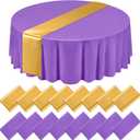 Tudomro 16 Pcs Purple and Gold Round Plastic Tablecloth and Satin Table Runner Set 84 Inch Round Covers 12 x 108 Inch Table Runners for Christmas Wedding Birthday Party Baby Shower