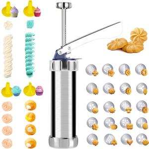 Upgraded Cookie Press Gun, Stainless Steel Spritz Cookies Press Kit With 20 Discs 4 Tips, Food-Grade Baking Machine for DIY Christmas Cookies Maker, Cake Decorating And Holiday Parties