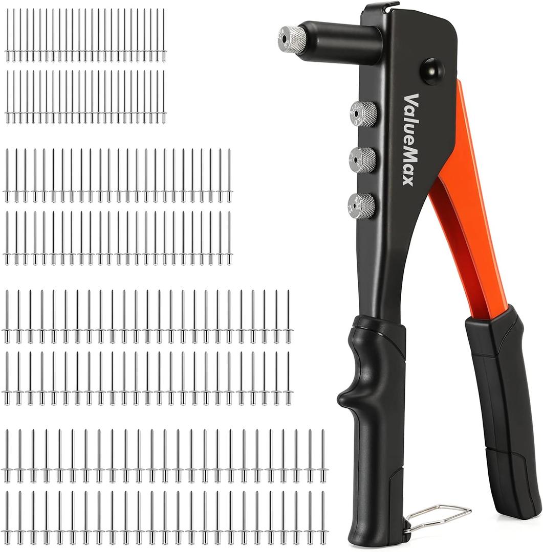 ValueMax 4-in-1 Hand Riveter/Rivet Gun, Pop Rivet Tool Kit with 200 Rivets - 3/32-inch, 1/8-inch, 5/32-inch, 3/16-inch, 4 Interchangeable Nosepieces, Suitable for Metal