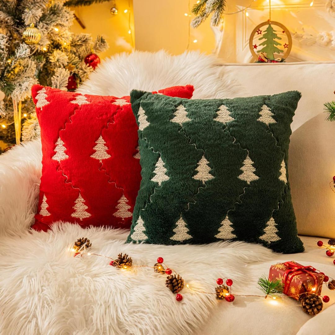 AQOTHES Christmas Tree Embroidered Red Green Throw Pillows Cover 18x18 Inch, Set of 2 Packs Winter Soft Fluffy Decorative Throw Pillows Covers Decor for Home Sofa Couch Bed Room