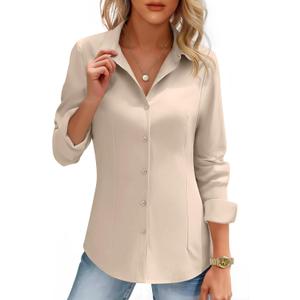 HOTOUCH Women's Button Down Shirts Long Sleeve Dress Shirt Slim Fitted Work Tops Collared Dressy Casual Business Blouses (Medium, Almond)