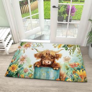 Door Mat, Cute Calf Welcome Mat, Colorful Spring Flowers Doormats Indoor Entrance, Indoor Outdoor Mat, Low-Profile Floor Rugs for Entry, Patio, 17''x30'' (Cartoon Watercolour Flower Cow) Door Mat, Cute Calf Welcome Mat, Colorful Spring Flowers Doormats Indoor Entrance, Indoor Outdoor Mat, Low-Profile Floor Rugs for Entry, Patio, 17''x30'' (Cartoon Watercolour Flower Cow)