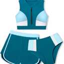 AGAPENG Girls Swimsuit Size 7 8 Girls Bathing Suit Color Block Zipper Front Bikini Set with Shorts 3 Piece Sporty Bathing Suits for Girls Blue Green Swimwear