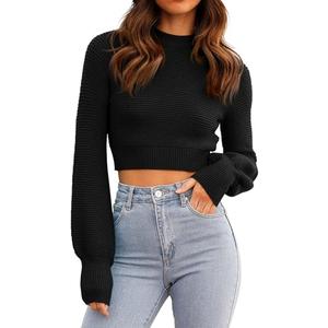 Womens Sexy Crew Neck Cropped Sweaters Ribbed Knit Long Sleeve Crop Tops Pullover, Black , M