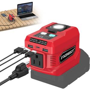 Kzreect 220W Power Inverter Compatible with Milwaukee 18V Batteries (Battery Not Included), DC to 110V AC Converter with 1 AC Outlet, USB-C, Dual USB-A & 400LM LED  Outdoor, Camping & Emergency Use (red)