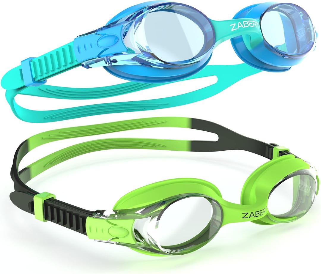 ZABERT 2 Pack Kids Swim Goggles, Swimming Goggles for Kids Toddler Youth Girls Boys Junior Jr Childrens Child Little Baby Age 3 4 5 6 7 8 9 10 11 12 Years Anti Fog Clear Blue Teal Black Green