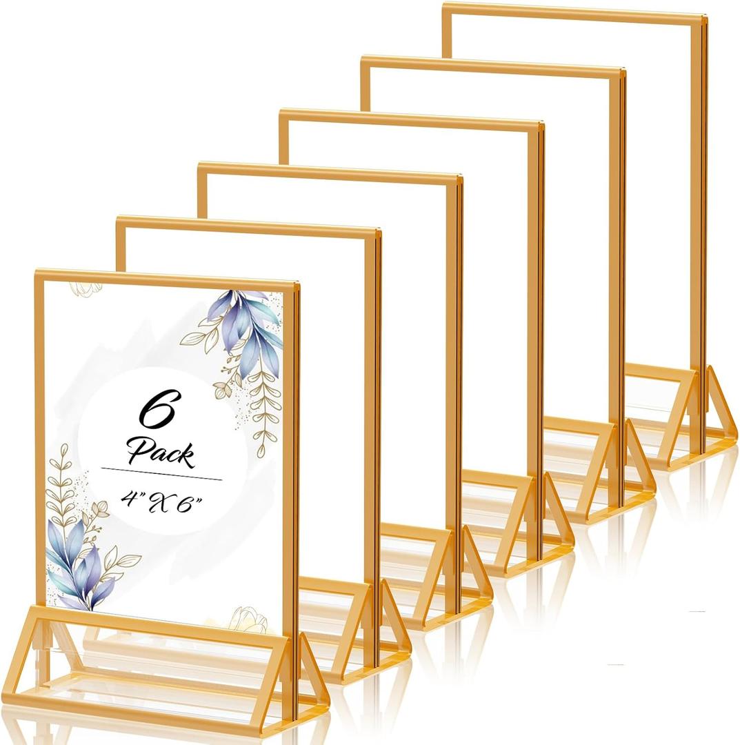 Gold Picture Frame 4X6 Acrylic Sign Holder Double Sided Clear Acrylic Frames Display Stand, Plastic Sign Holder for Wedding Table Numbers Menu Holder (6 Pack)