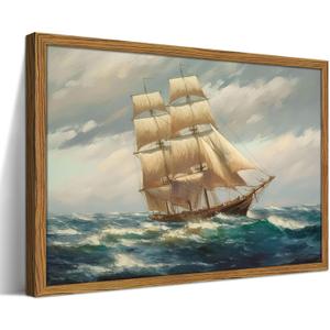 Framed Vintage Sailboat Wall Art, Ocean Nautical Pictures Wall Decor Painting, Retro Coastal Seascape Canvas Prints Artwork for Beach House Living Room Bedroom-16×24inch