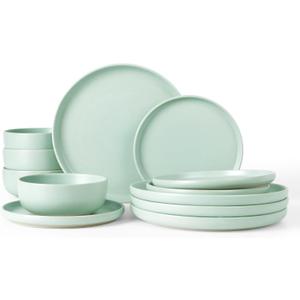 Famiware Milkyway Plates and Bowls Sets, 12 Pieces Dinnerware Sets, Reactive Glaze Dish Set, Stoneware Dishes Set for 4, Light Green