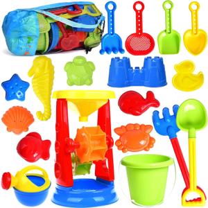 Beach Toys, 19 Piece Sand Toys Set Kids Sandbox Toys Includes Water Wheel Beach Tool Kit Bucket Watering Can Molds with Mesh Bag for Kids Ages 3-13, Medium, Small