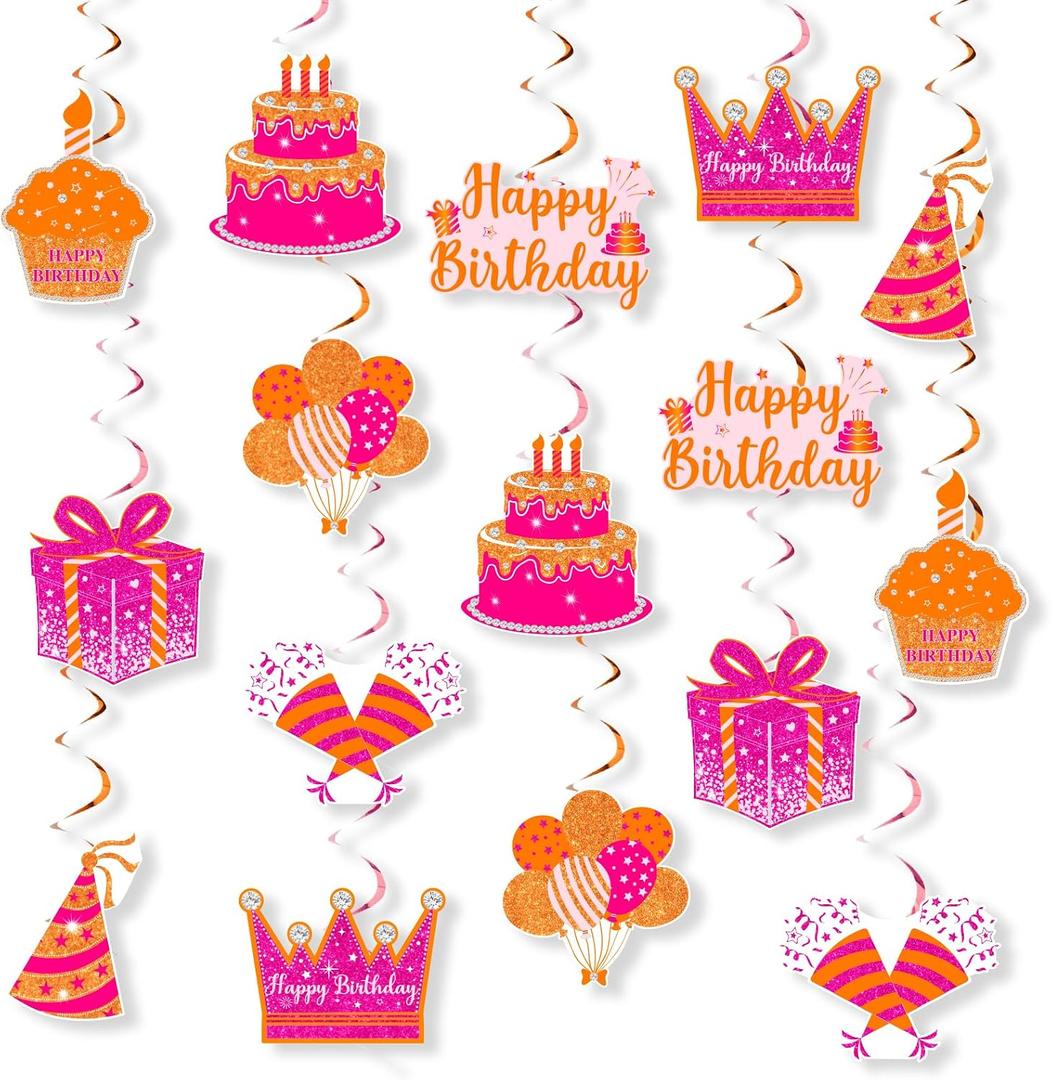 Pink Orange Birthday Hanging Swirls 24 PCS Cake Balloon Patterns