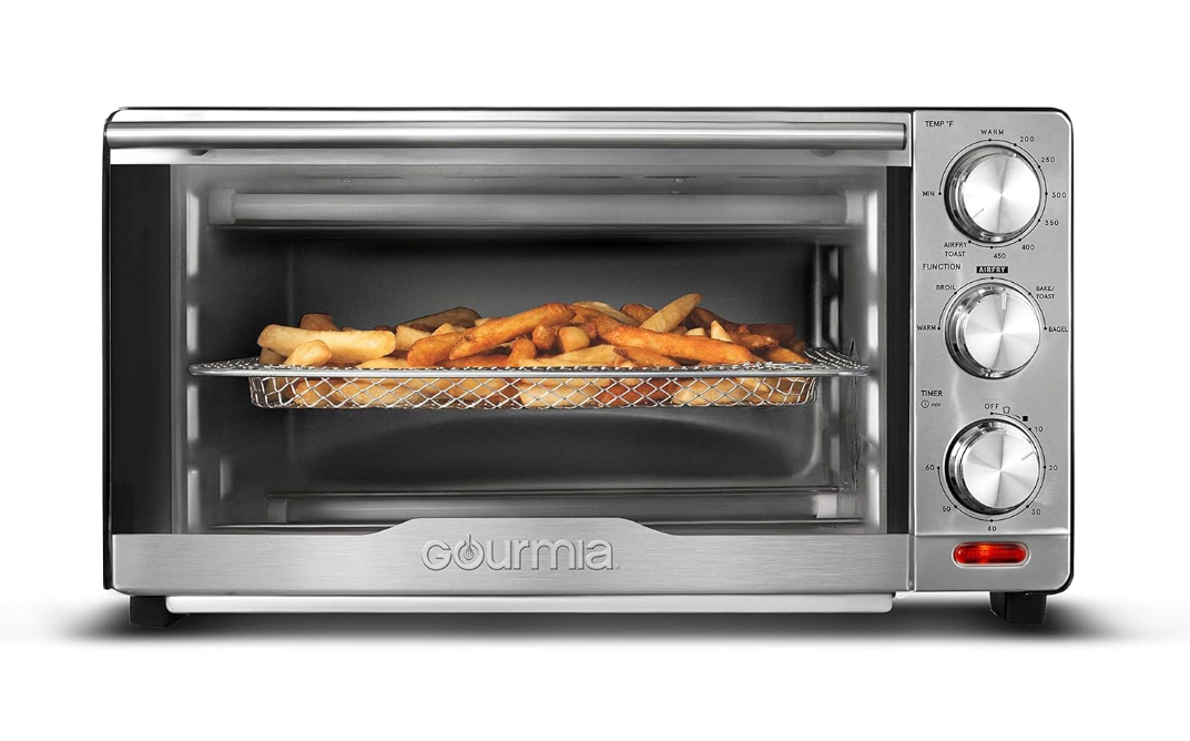 Gourmia GTF7350 6-in-1 Multi-function, Stainless Steel Air Fryer Oven - 6 Cooking Functions - Fry Basket, Oven Rack, Baking Pan & Crumb Tray, Included + Recipe Book