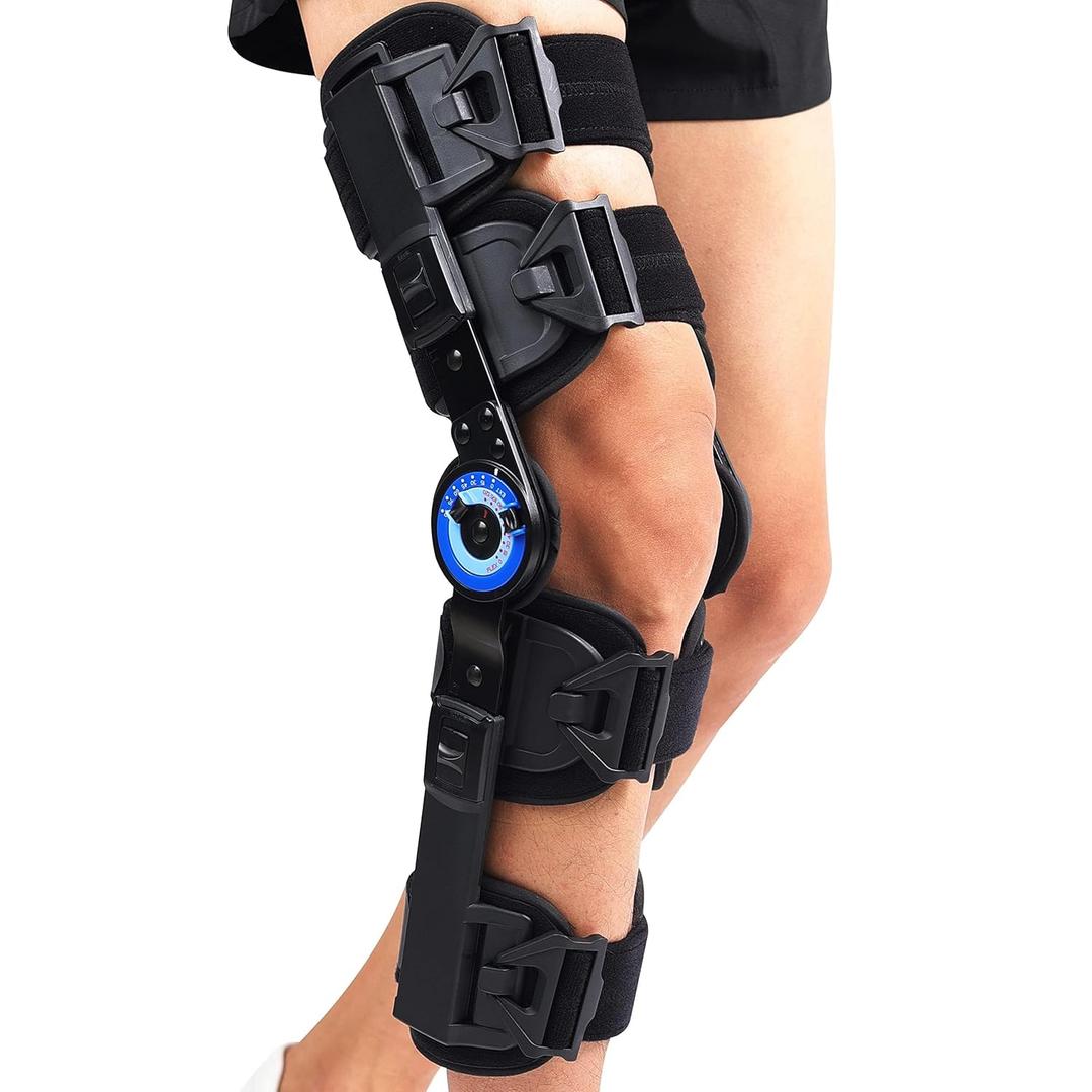 Orthomen Post Op Knee Brace, Hinged ROM Knee Brace for Recovery Stabilization, ACL, MCL and PCL Injury, Adjustable Medical Orthopedic Support Stabilize for Men and Women (Universal, Black/Blue)