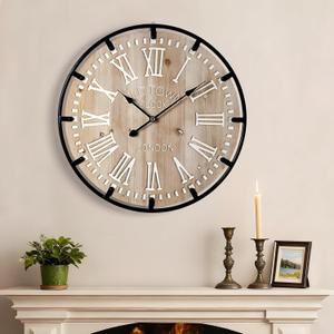 Vantic Farmhouse 24 Inch Extra Large Decorative Wall Clock with Metal Circle, Oversized Wood Wall Clock with Large Roman Numeral for Living Room, Bedrooms and Offices, Silent and Battery Operated (Light Ivory)