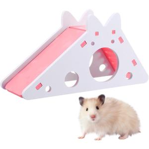 TIESOME Hamster House with Ladder and Slide, Wooden Hamster Play Toys Hideout Hut Gerbil Rat Hideaway Small Animal Activity Toy DIY Hamsters Cage Accessories for Small Pets(Pink)