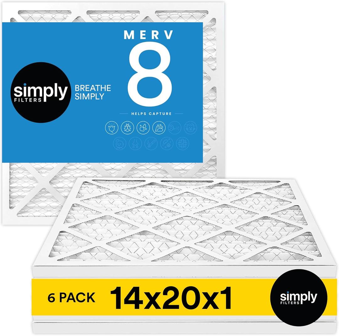 Simply 14x20x1 Air Filter, MERV 8, 6 Pack, For Home AC Furnace & HVAC (Actual Size: 13.75"x19.75"x0.75") DUST, Pet, & Allergy Control