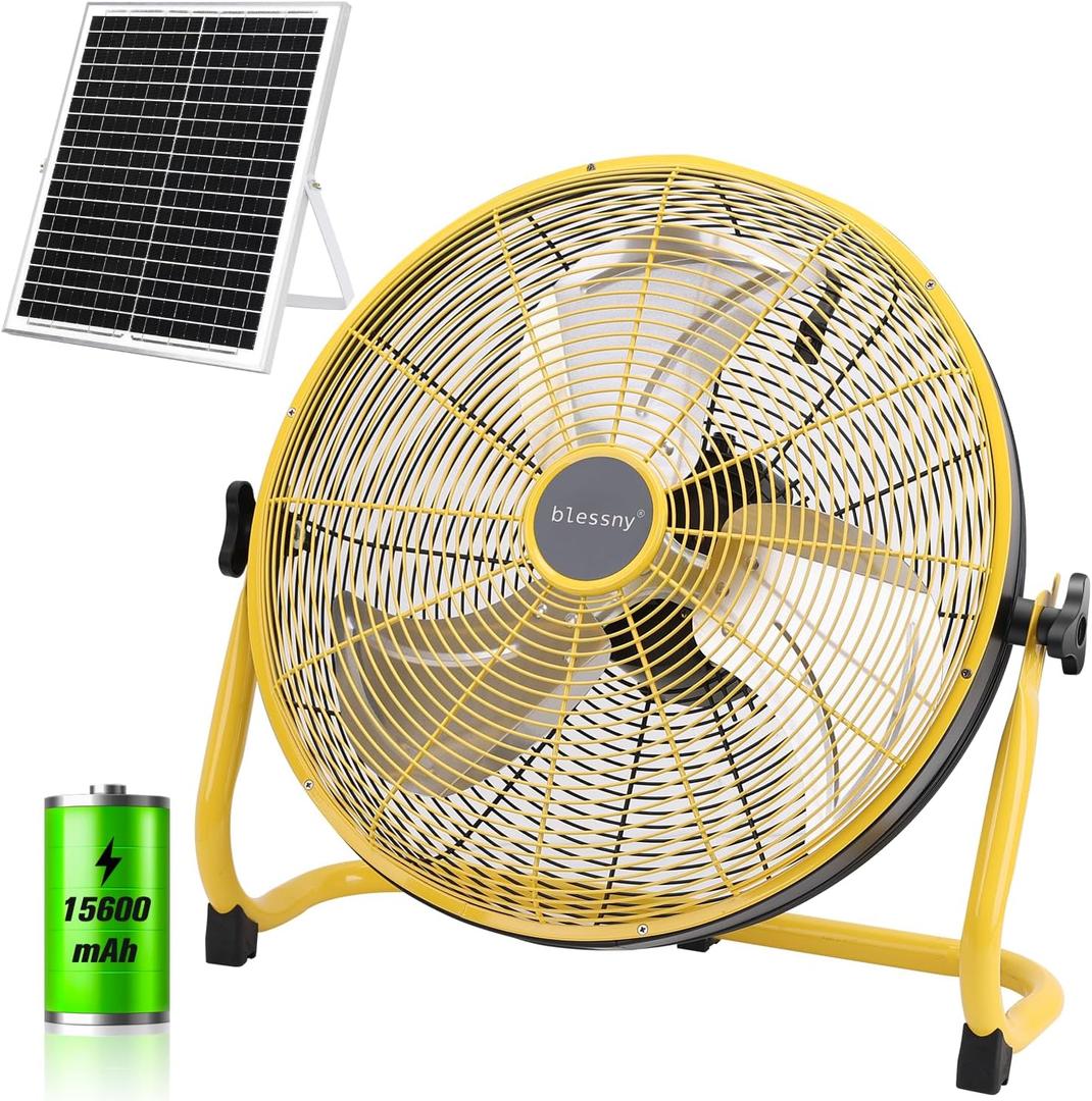 16" Large Solar Rechargeable Floor Fan, 15600 mAh 20W Solar Powered Portable Battery Fan for Home Outdoor Camping Gazebo Chicken Coop Greenhouse Barn, with 360 Adjust Tilt