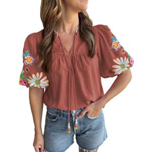 Women's Casual Floral Embroidered V Neck Boho Puff Short Sleeve Shirts Loose Tunic Summer Blouses Tops Fashion Clothes 2025 (Large)
