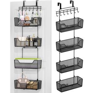 HapiRm Over The Door Organizer - Hanging Door Organizer with 4 Metal Large Capacity Baskets and Adjustable Coat Hook for Bathroom Bedroom Kitchen Pantry Closet Cabinet (Black)