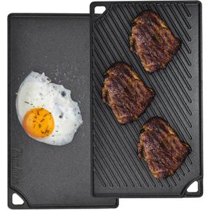 Bruntmor 2-in-1 Reversible Grill Plate - Pre-Seasoned Cast Iron Griddle Pan for Gas Stovetop, Oven, or Open Fire - 17x10-Inch Rectangular Double Sided Flat Pan for Camping, Roasting, and Grilling