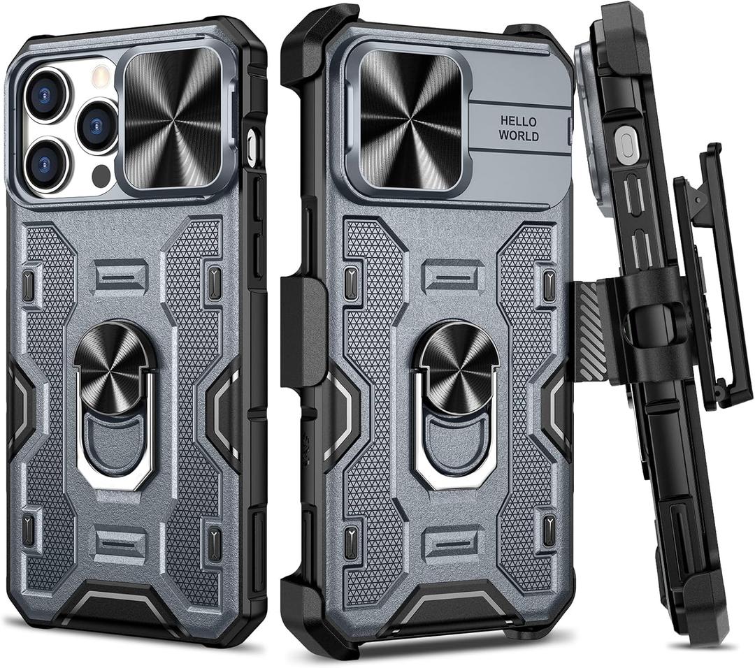 VEGO for iPhone 15 Pro Max Case, Slide Camera Cover & Belt Clip Holster & Magnetic 360Ring Kickstand Military Grade Heavy Duty Protection Cover for iPhone 15 ProMax - Dark Grey