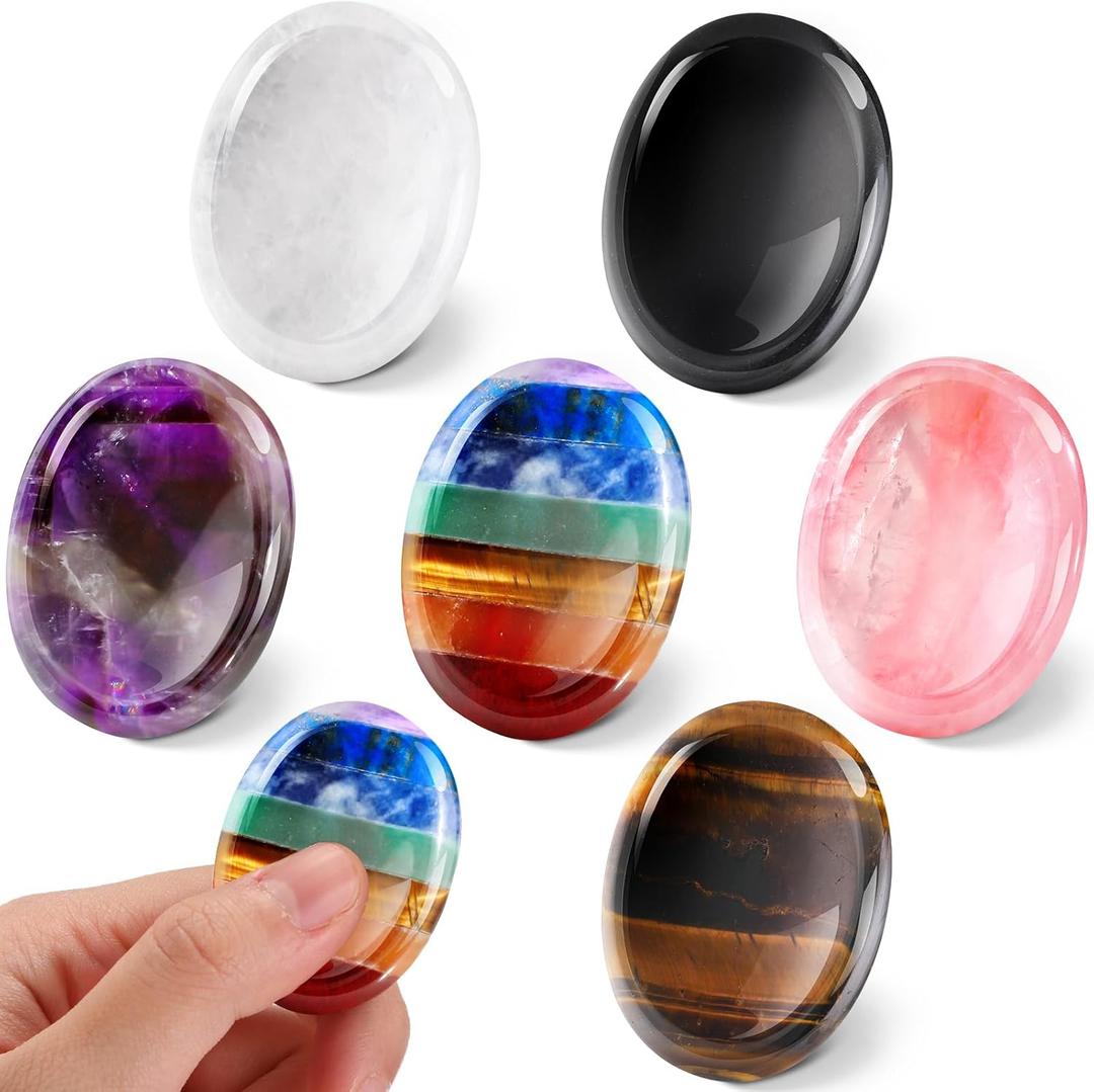 Roowest 6 Pcs Thumb Worry Stone for Anxiety Crystal Amethyst Tiger Eye Obsidian White Jade Rose Quartz Amethyst 7 Chakra Stone Anxiety Relief Gifts for Teacher Mom Women Office Stress Meditation