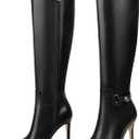 COLETER Women's Knee High Boots Pointed Toe Stiletto Buckle Dress Boots Slouch Zipper Heeled Boots (9, Black Matte)