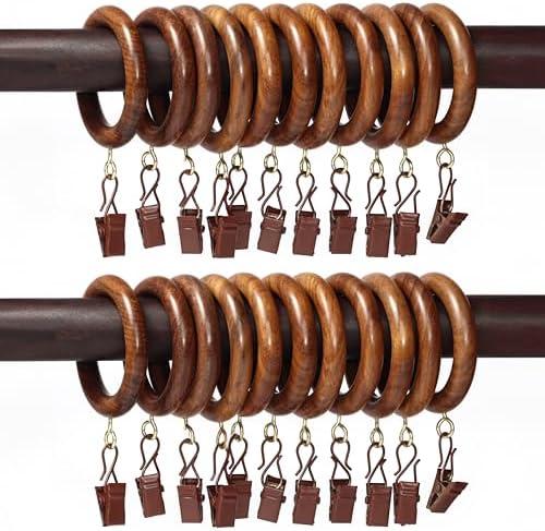 24 Pcs Curtain Rings with Clips Wooden, 2 inch for 1 inch Rod, Window Shower Curtain Hooks, Wood Curtain Rod Wood Curtain Rings with Eyelet, Drapery Rings, (24, 1.25 INCH Inner Dia)