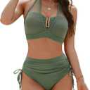 BMJL Womens High Waisted Bikini Sets Slimming Tummy Control Swimsuits Mesh Halter Bathing Suit (M, Green21)